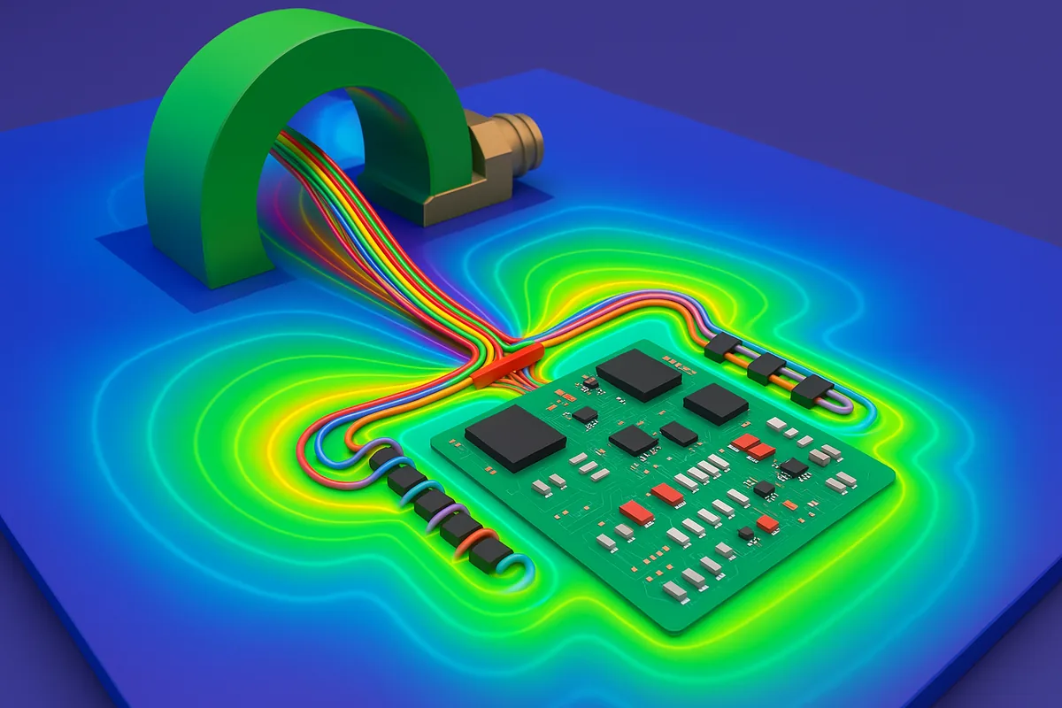 Simulazione della distribuzione del campo elettromagnetico su un circuito stampato